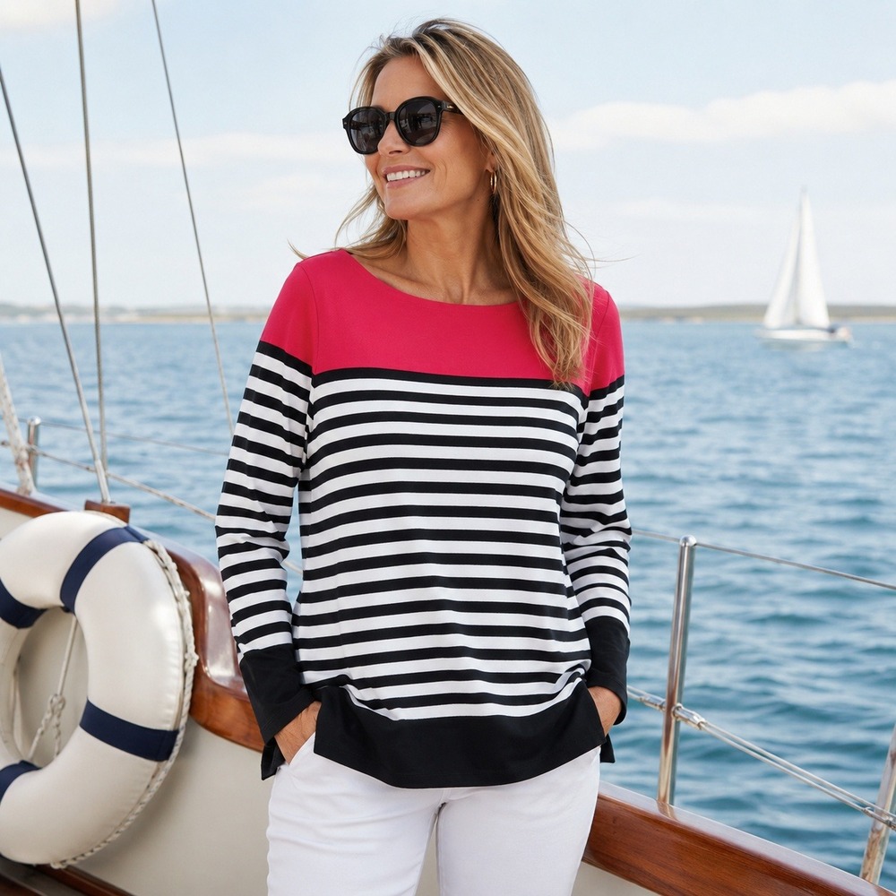 Talbots Plus Womens 1X Red Black White Striped Boat Neck Cotton Knit Top